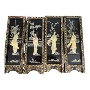 Vintage Asian Black Lacquer Wall Art Panels (4), Applied Carved Detail Geishas.
